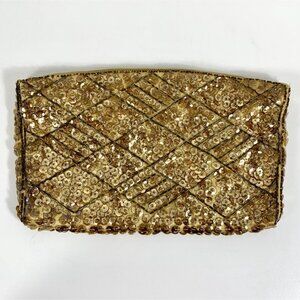 La Regale Japan Evening Bag Clutch Beaded Metallic Gold Sequin Gold Purse VTG